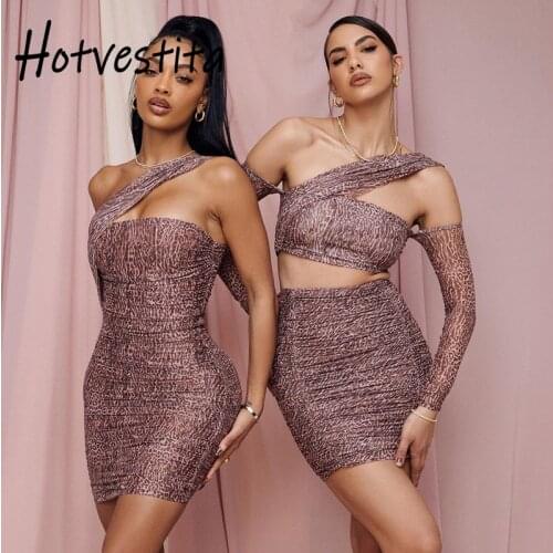 Hotvestita 2021 Summer Sexy Mini Dress Fashion Leopard Ruched Mesh Backless One Shoulder Bodycon Women Party Club Slip Dresses