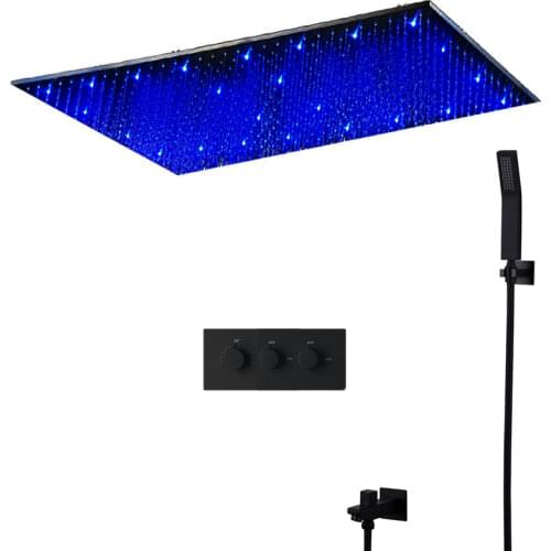 Matt black thermostatic led rain shower set ceiling large rainfall High flow shower system bathroom