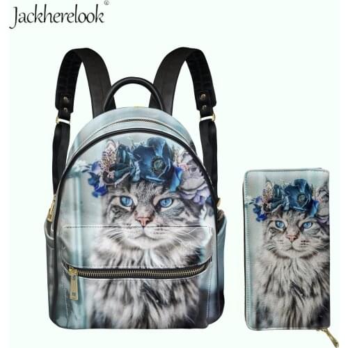 Lovely Cat 3D Printing Pu Leather Double Shoulder Pack Coin Purse Set for Lady Fashion Girls Zipper Backpack Card Holder Wallet