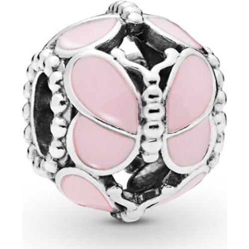 2019 New Original 925 Sterling Silver Bead Pink Butterflies Charm Fit Pandora Bracelet Bangle DIY Women Jewelry