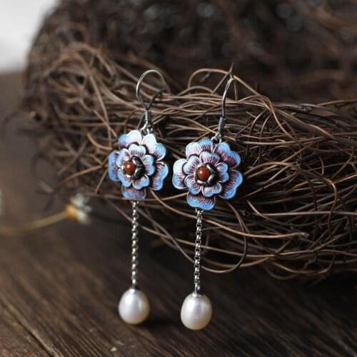 Natural Khotan jade New silver burnt blue enamel inlaid pearl long earrings Chinese style retro charm ladies brand jewelry