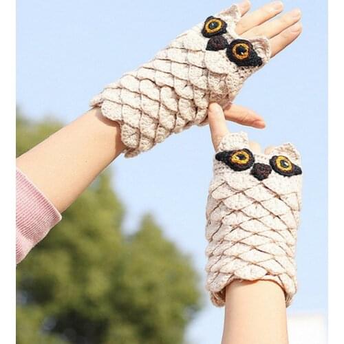 Female Winter Warm Knitted Wool Thickened Jacquard Korean Open Fingered Student Owl Card Half Finger Gloves