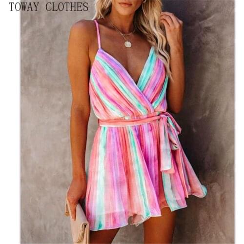 Women Colorblock V-Neck Spaghetti Strap Rainbow Color Cami Mini Dress A Line Sexy Sweet Dresses