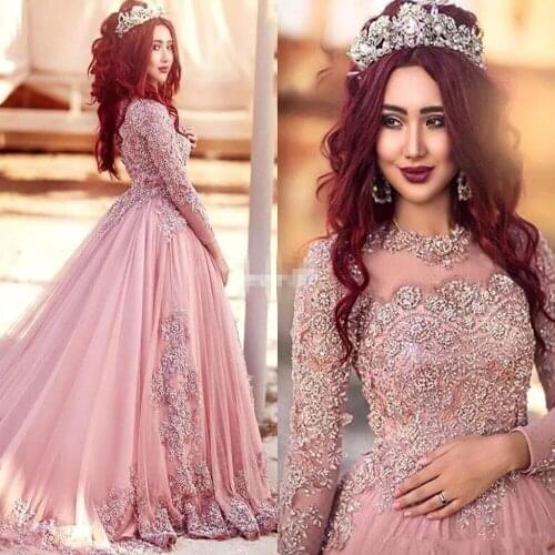 Pink Muslim Evening Dresses Ball Gown Long Sleeves Tulle Appliques Lace Beaded Dubai Saudi Arabic Long Evening Gown Prom