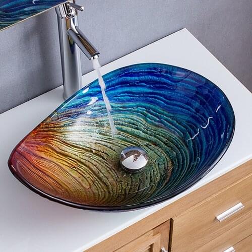 Tempered Glass Bathroom Sink Washbasin Bath Set Faucet Mixer Taps Hand Painted Waterfall Spout Basin With Overflew Pop Drain