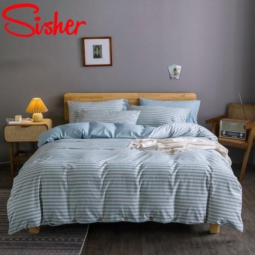 Modern Nordic Bedding Set Queen Size Light Blue Stripe Printed Duvet Cover Sets Single Double Bed Linen Sheet Bedclothes