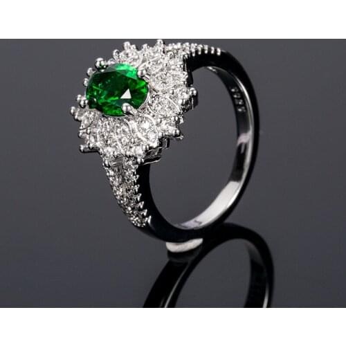 SUQI new Women Shiny Oval Crystal Synthetic Emerald Rhinestone Inlaid Flower Engagement Wedding Bridal Ring Jewelry Accessory