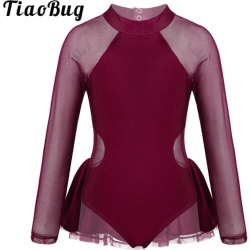 TiaoBug Kids Sheer Long Sleeves Tulle Splice Backless Ballet Gymnastics Leotard Girls Figure Skating Dress Dance Wear Costume