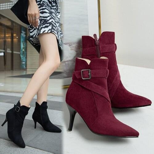 Fashion Women Suede Ankle Boot Mid Stiletto Heel Side Zip Pointed Toe Party Work Outdoor Shoe Fine Heel Wine red black