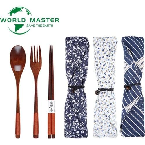World Master Portable Tableware Wooden Cutlery Sets With Useful Spoon Fork Chopsticks Travel Gift Dinnerware Suit With Cloth Bag