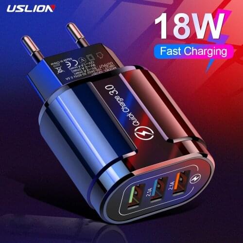 USLION 18W USB Charger Fast Charge QC 3.0 Wall Charging For iPhone 12 11 Samsung Xiaomi Mobile 3 Ports EU US Plug Travel Adapter