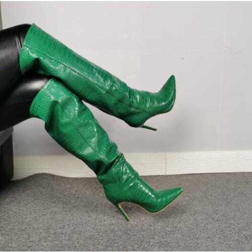 Dipsloot Woman Green Python Leather Pointed Toe Stiletto Heel Knee High Boots Real Photos Elegant Slip On High Heels Long Boots
