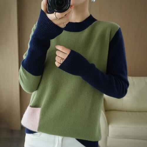 2020 New Cashmere Sweater Woman O-Neck Color Matching 100% Pure Wool Pullover Fashion Plus Size Warm Knitted Bottoming Shirt