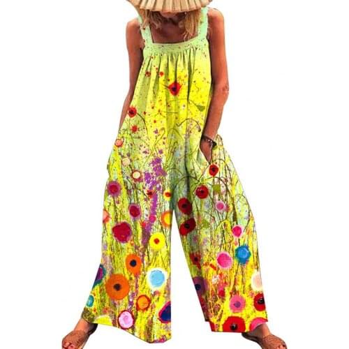 Women Jumpsuit Shoulder Straps Sleeveless Floral Print Wide Leg Baggy Overall Streetwear Sleeveless Female Playsuit боди женское