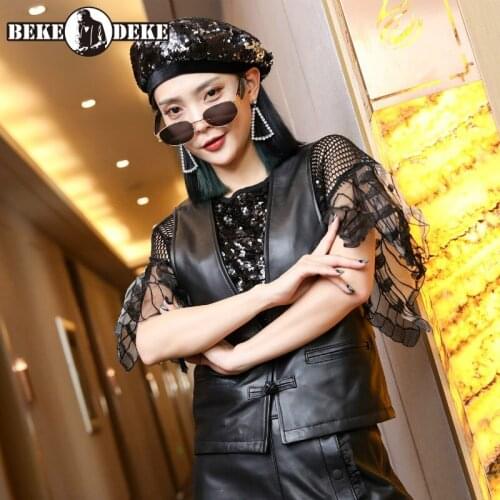 Women Vintage Sheepskin V-Neck Vest Chinese Style Single Breasted Short Waistcoat Autumn Winter Streetwear Sleevless Jacket