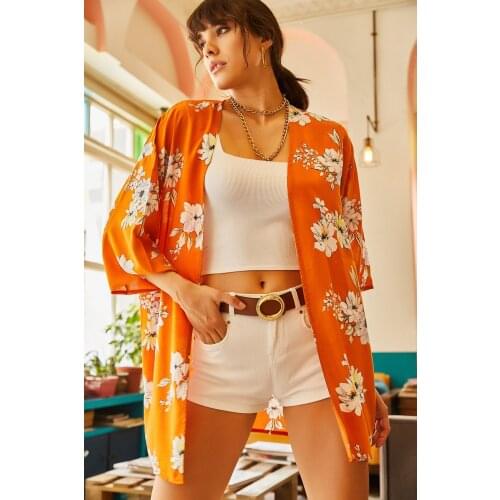 Womens Orange Floral Viscose Kimono Seafood Pool Clothing