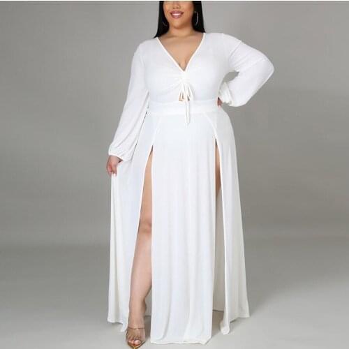 Elegant Dress Large Big Size 4XL 5XL Sexy High Split V Neck Full Sleeve Solid Fashion Evening Night Party Long Vestidos Dress