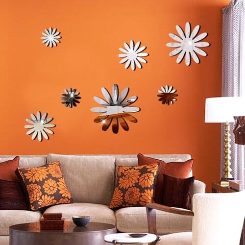 7pcs Mirror Wall Sticker Flower Shape Living Room Decoration 3D Art Wall Decal Removable Mirror Wall Sticker