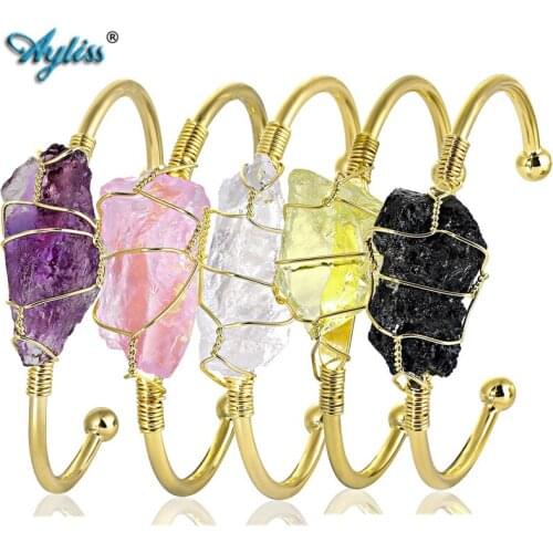 Ayliss Irregular Gem Stone Cuff Bracelet with Gold Color Handmade Wire Wrapped Stone Adjustable Bracelet for Women