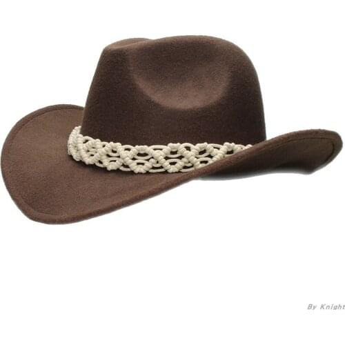 A161 Adult Kids Wool Fedoras Hats Female Knitting Belt Woolen Cap Autumn Winter Parent Fedoras Hat West Cowboy Hat Adjust