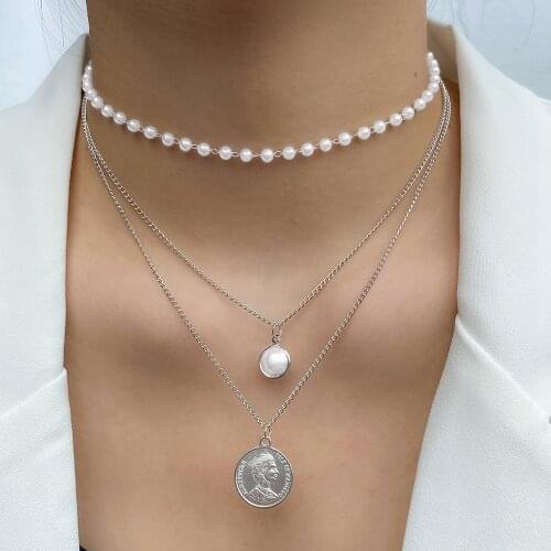 EN 2021 New Korean Fashion Kpop Pearl Choker Necklace Cute Multi-layer Chain Coin Pendant For Women Wedding Jewelry Girl Gift