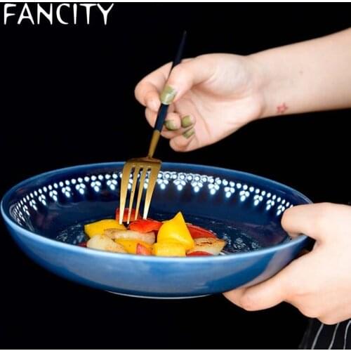 FANCITY Creative European-style ceramic tableware elegant blue deep plate pasta plate fruit salad plate bohemian soup plate home