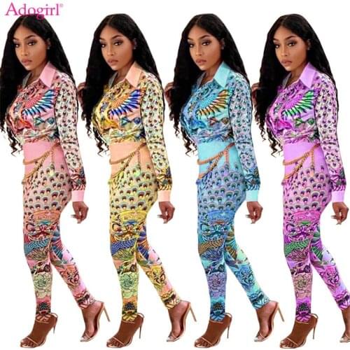 Adogirl Fashion Print Women Casual Two Piece Set Long Sleeve Shirt Top Pencil Pants Peacock Suit Autumn Office Lady Uniforms