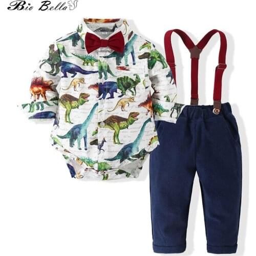 Newborn Kids Baby Boys Clothes Dinosaur Print Tops Shirt Suspender Pants 2PCS Formal Boy Outfits Clothing Sets