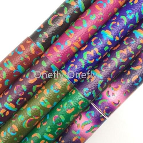 Onefly Colorful Cheetah Printed On Felt Backing Litchi Synthetic Faux Leather Sheets For Bow DIY handbags shoes FZ031