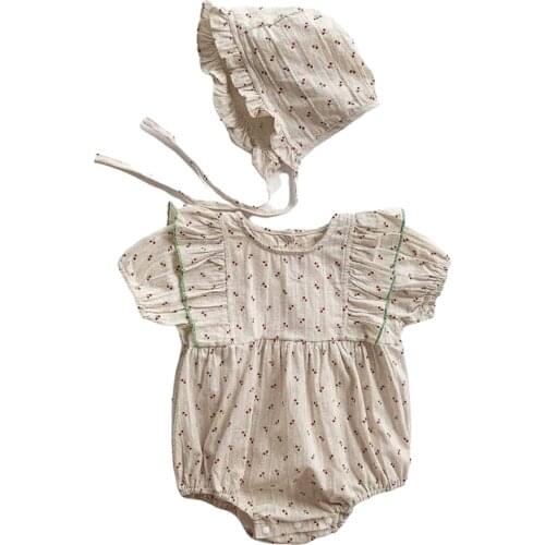 Baby Girl’s Casual Short Sleeve Romper Sweet Cherry Printed Ruffles Jumpsuits with Cap