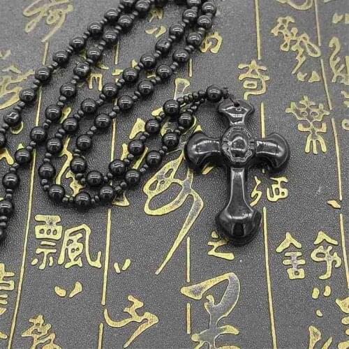 Drop Shipping Natural Black Obsidian Carved Cross Lucky Necklace Beads Man Carved Pendant Hand Jewelry for Woman Pendants
