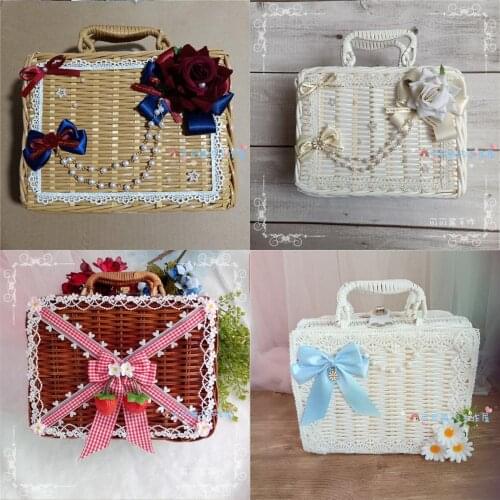 Handmade Lolita Portable Rattan Box Woven Basket Tea Party Gorgeous Red Plaid Strawberry Bow Flower Handbag Girl Rattan Suitcase
