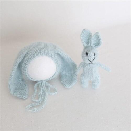 Angora Bunny hat and Toy Set Knitted Mini Bunny New born Photography Props Fluffy Baby Bonnet Newborn Christmas Outfit