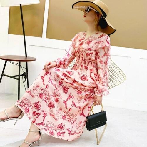 Silk long skirt womens 2021 spring new Beaded fashion V-neck lotus leaf long cuff bag silk dress