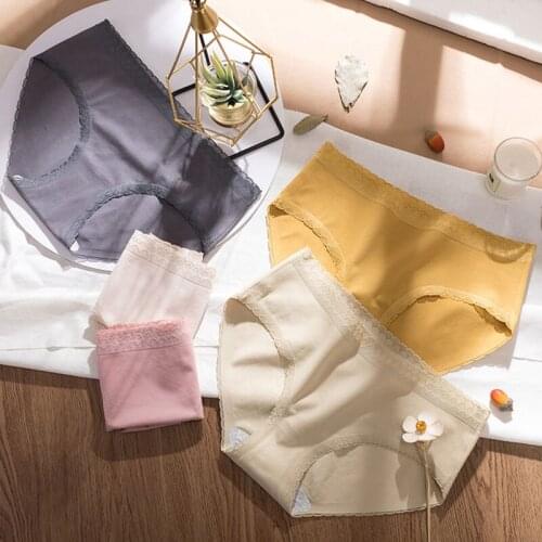 Roseheart Women Fashion Pink Yellow Cotton Mid Waist Panties Underwear Lingerie Lace Briefs M L Plus Size Underpants