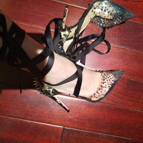 Sexy Gladiator Pumps Women Shoes 12cm High Heel Shoes Rivets Pointed Toe Fashion Women Party Wedding Shoes MD040 ROVICIYA