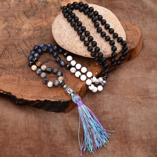 Vintage Buddha 108 Praying Words Beads Tassels Mala Pendant Necklace