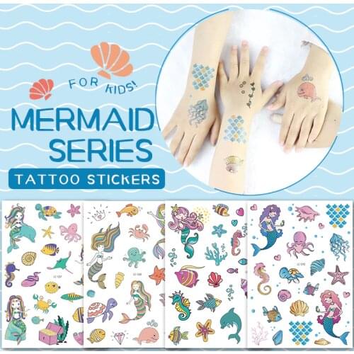 Water temporary tattoos for kids children cartoon tattoo sticker mermaid sea animal ocean summer style tattoo finger hand decal