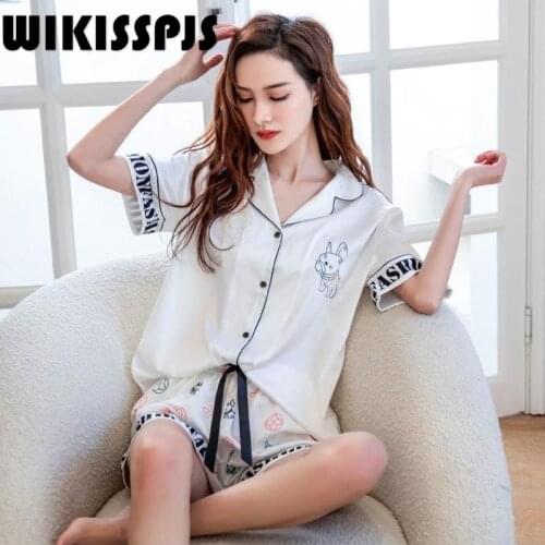 WIKISSPJS 2021 New Ice Silk Short Sleeve Shorts Set Summer Womens Cardigan Home Wear Lounge Wear Cute Pijamas Women