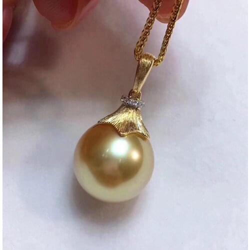 Fine Jewelry 18K Yellow Gold Natural Ocean Golden Pearl 11-12mm Pendant Necklaces for Women FIne Pearls Pendants