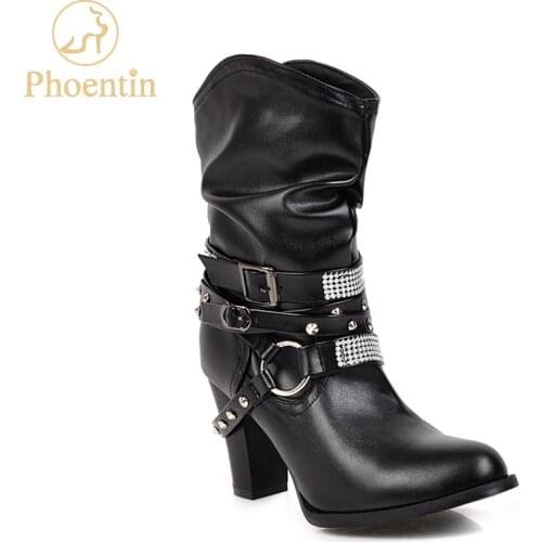 Phoentin female ankle boots pleated crystal boots narrow bands buckle decoration punk shoes woman black high heels FT749