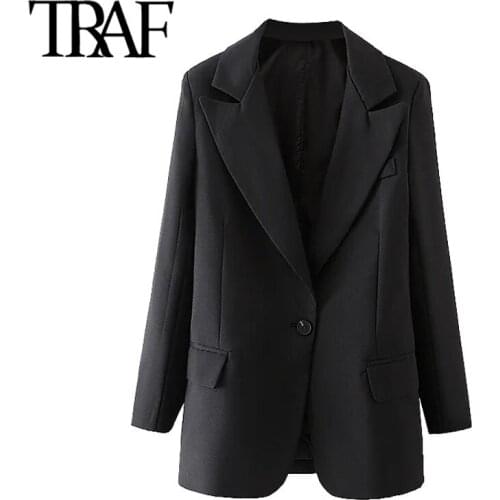 TRAF Women Fashion Single Button Slim Blazer Coat Vintage Long Sleeve Pockets Female Outerwear Chic Veste Femme