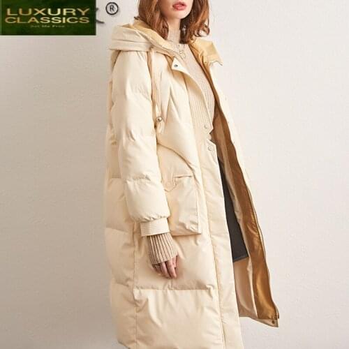 2021 Womens Winter Down Jacket 90% White Duck Down Coat Female Long Hooded Parkas Woman Korean Style Mujeres Abrigos LW