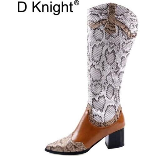 2020 Fashion Serpentine PU Leather Women Long Boots Shoes Square High Heels Comfort Winter Women Knee High Boots Big Size 32-48