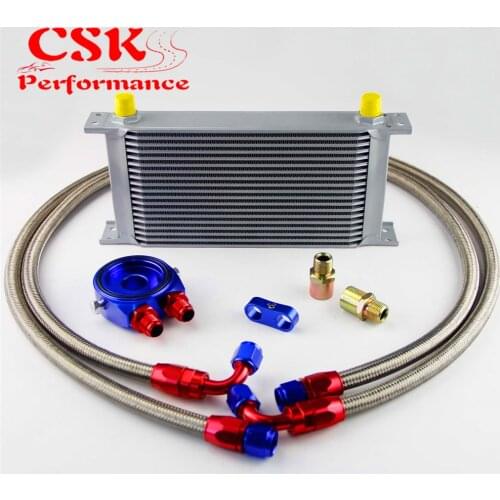 AN8 19 Row 248mm Universal Engine Transmission Oil Cooler British Type + Aluminum Filter Hose End Kit Black/Blue