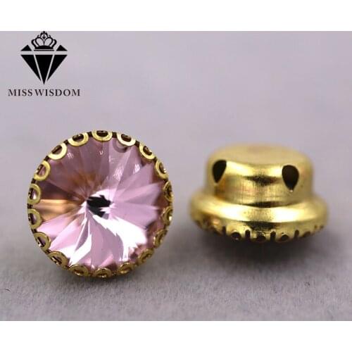 Free shipping Pink Round shape glass crystal sew on rhinestones gold base lacy claw rhinestone Diy garment/clothing accessories