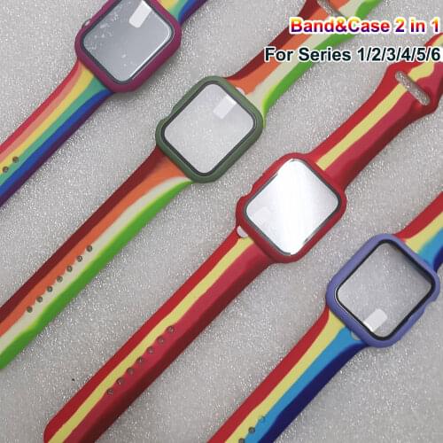 Glass+Case+Strap For Apple Watch Band 44mm 40mm iWatch band 42mm 38mm Rainbow Silicone Bracelet For Apple Watch Series 6 5 4 3 2