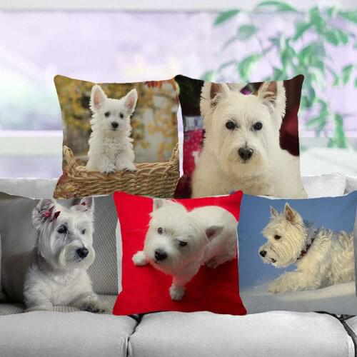 XUNYU Cute Pet Dog Cushion Cover West Highland White Terrier Linen Throw Pillow Case Child Sofa Bed Decorative Pillowcase C0091