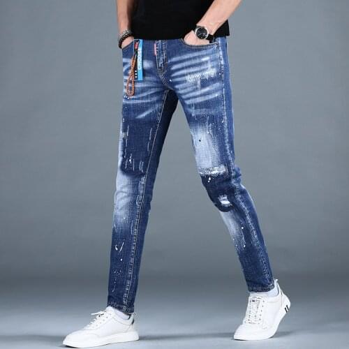 Summer Mens Blue Ripped Jeans Men Pants Streetwear Dot Printed Slim Fit Denim Trousers