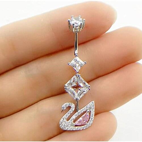 Trendy 925 Sterling Silver Swan Pink Zircon Navel Belly Button Rings Body Piercing Jewelry Fashion Women Jewelry 2021